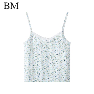 感短款 时尚 纯棉吊带BM背心 Girl精致蓝色小碎花女美式 Brandy