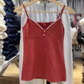 Brandy bm美式 复古红色波点花边V领纽扣吊带背心上衣打底女