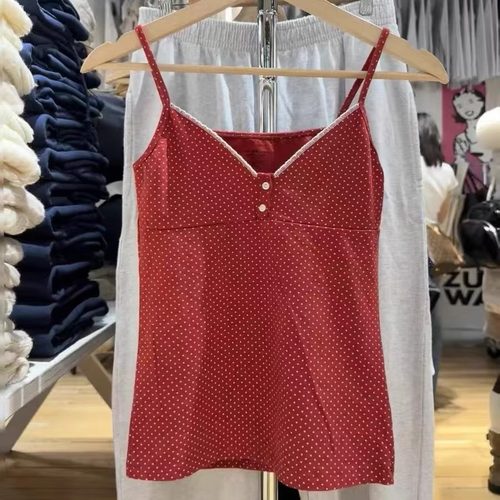 Brandy bm美式复古红色波点花边V领纽扣吊带背心上衣打底女
