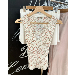 Brandy bm新款美式复古碎花系带V领衬衫背心上衣女