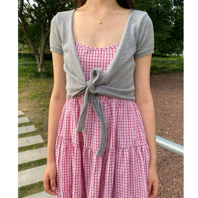 bm纯棉V领绑带短袖针织开衫女