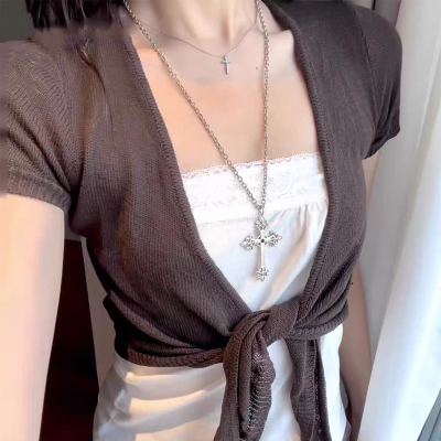 BM深棕色V领绑带短袖针织开衫女