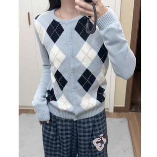 Brandy Girl学院风bm蓝色菱格针织开衫女复古显瘦百搭毛衣外套
