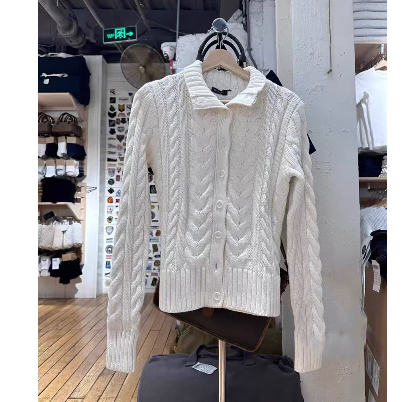 Brandy bm白色麻花纹翻领针织开衫女修身显瘦纽扣毛衣外套,女装/女士精品,毛针织衫,淘宝优惠券,粉丝福利购,淘宝优惠卷