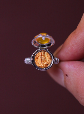 地藏王菩萨戒指S925银镀金镶嵌天然黄玛瑙