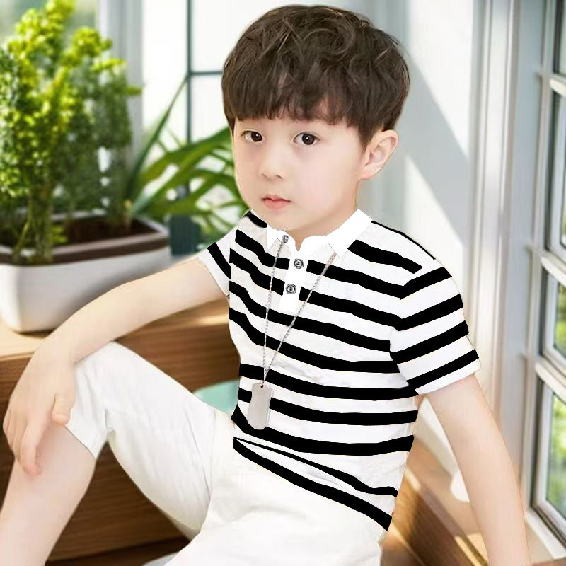 童装短袖t恤夏天纯棉儿童打底衫夏季条纹休闲中大童小孩翻领薄款