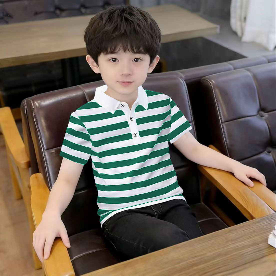 男童夏季短袖t恤纯棉儿童打底衫夏季条纹休闲中大童小孩翻领薄款