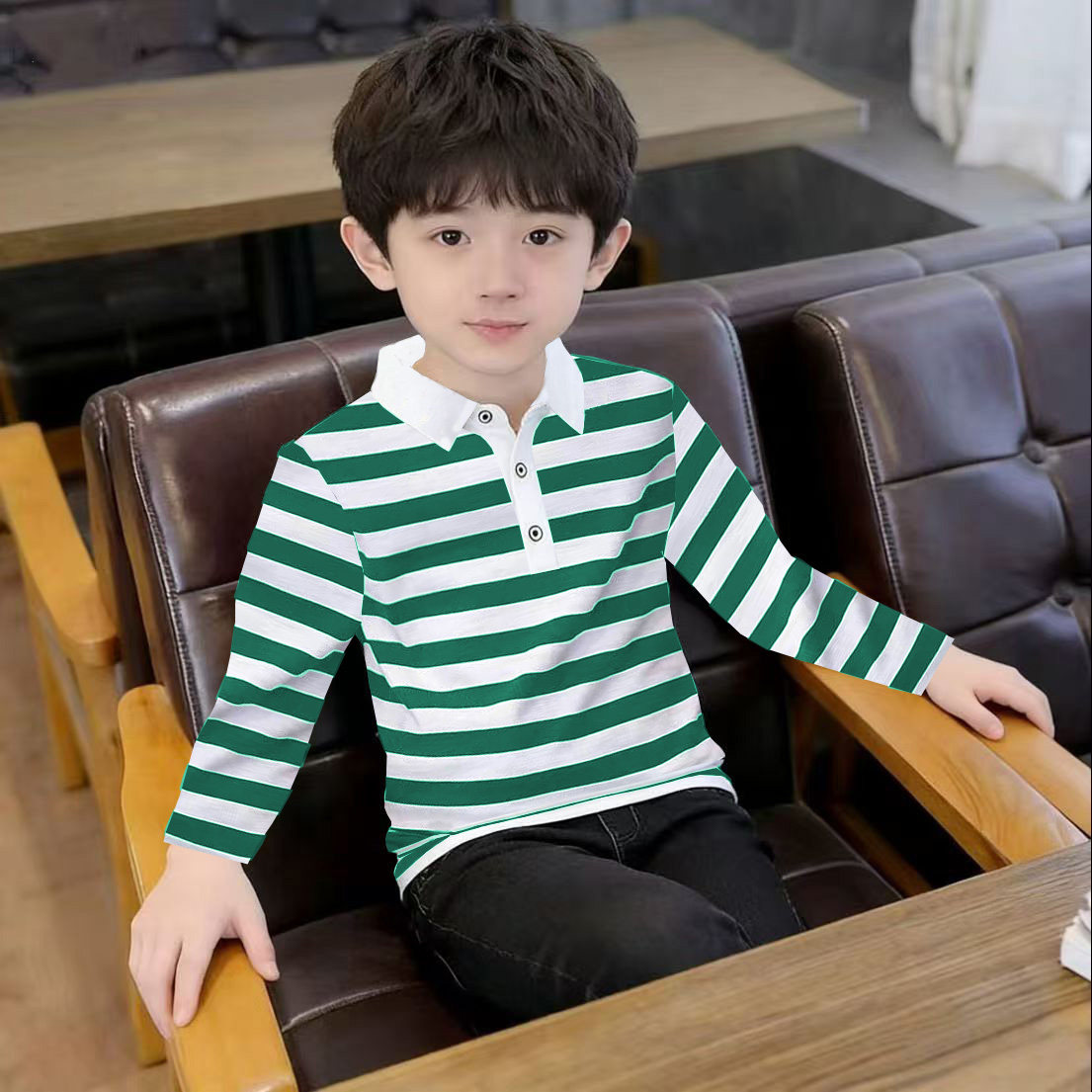 纯棉童装男童春秋长袖翻领t恤中大童条纹薄款儿童打底衫单件上衣图片