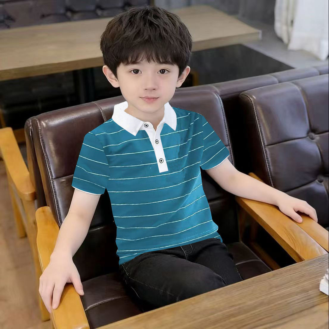 童装短袖t恤夏天纯棉儿童打底衫夏季条纹休闲中大童小孩翻领薄款