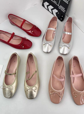 外贸2025新款红色方头浅口蝴蝶结漆皮芭蕾平底单鞋休闲鞋大码女鞋