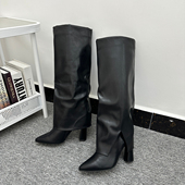 显瘦尖头黑色长靴柔软舒适套筒裤 跨境外贸大码 粗跟高筒靴时尚 管靴