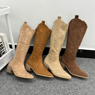 欧美复古风出口外贸高筒靴大码 绒面尖头拼接刺绣侧拉链粗跟西部靴