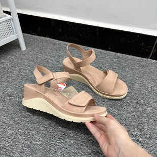 女圆头露趾舒适软垫坡跟一字带凉鞋 欧洲站 bt家魔术贴休闲凉鞋