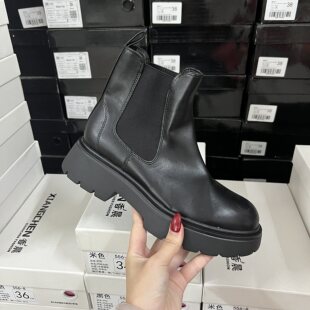 外贸纯原厚底切尔西靴女黑色一脚蹬烟筒靴英伦风圆头时尚百搭短靴