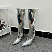 时尚 尖头不过膝银色侧拉链舒适细跟大筒围长靴 高级感出口澳洲大码