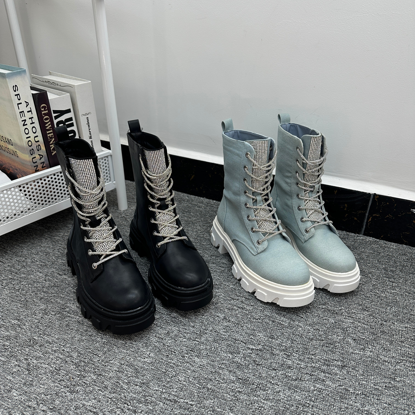 外贸原单显腿长水钻厚底马丁靴