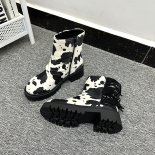 圆头马毛褶皱时尚 外贸Y单厚底流苏靴个性 侧拉链短靴 斑点魔法