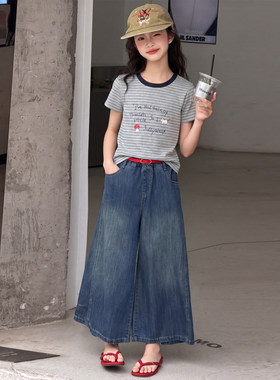 女童夏季套装洋气牛仔九分裤薄款