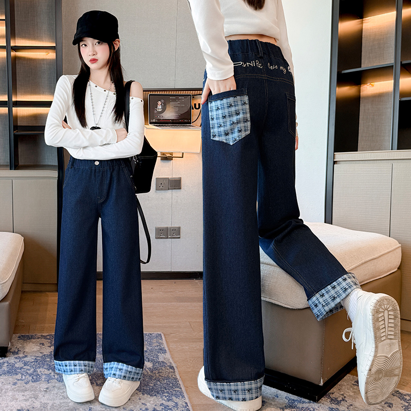 女童裤子秋冬加绒好看直筒牛仔裤