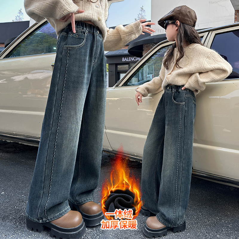 女童加绒裤子秋冬直筒窄版牛仔裤