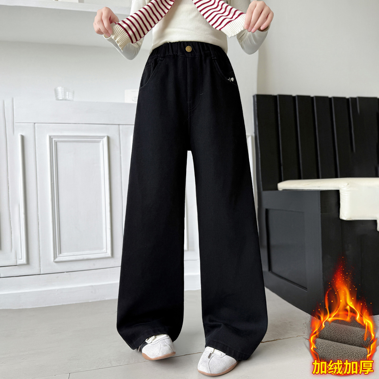女童加绒裤子秋冬加厚黑色牛仔裤