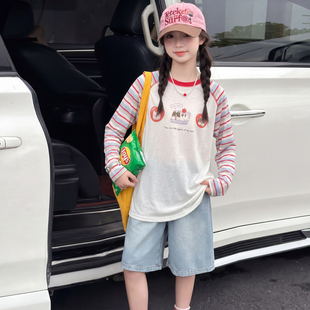 女童夏装套装2026新款洋气儿童防晒衣长袖T恤大童牛仔短裤夏薄款