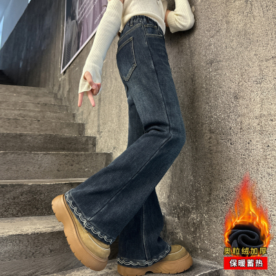 女童加绒牛仔喇叭裤秋冬加厚好看