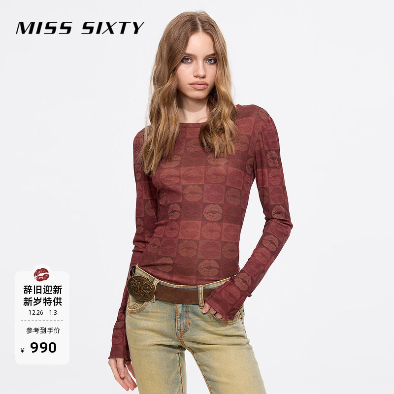 Miss Sixty2025春秋款长袖T恤圆领唇印修身轻薄木耳花