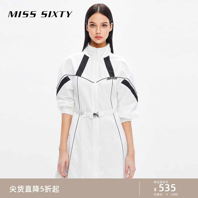 Miss Sixty长袖连衣裙女气质半高领配腰带收腰拼色复古运动风潮酷