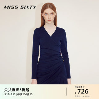 Miss Sixty法式气质连衣裙高级感V领不规则褶皱收腰修身显瘦优雅