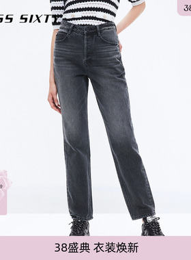 Miss Sixty法棍牛仔裤女纽扣门襟黑灰色复古高腰显瘦百搭直筒裤