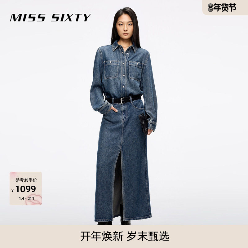 Miss Sixty2025秋季新款莱赛尔牛仔连衣裙女配腰带工装开衩长裙,女装/女士精品,连衣裙,淘宝优惠券,粉丝福利购,淘宝优惠卷