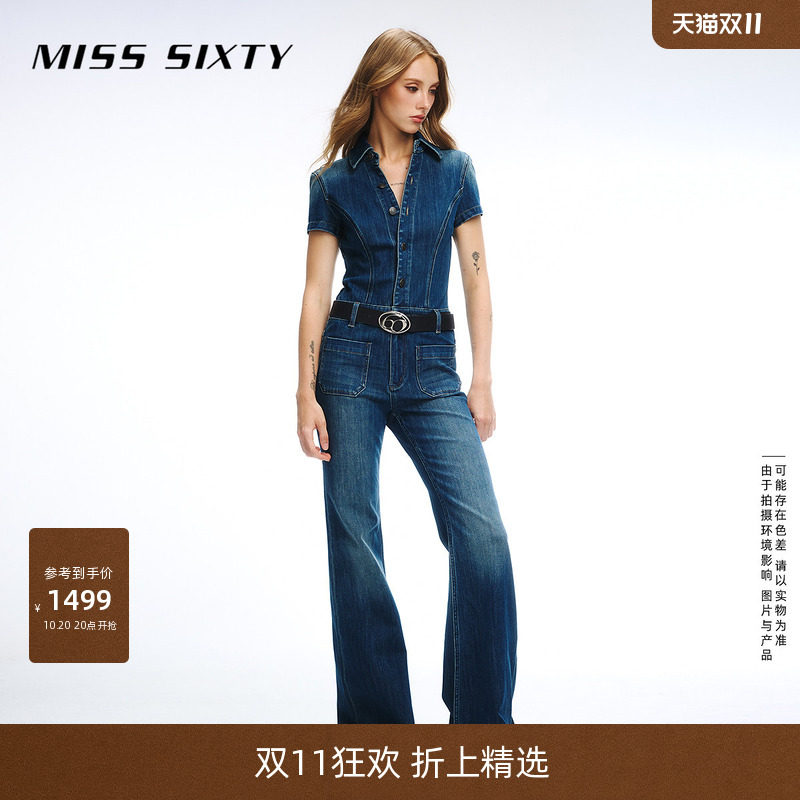 Miss Sixty2026秋季新款牛仔连体裤女翻领短袖复古做旧猫须喇叭裤