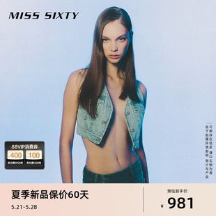 Sixty2024夏季 Miss 无袖 牛仔马甲女V领性感辣妹叠穿短款 上衣 新款