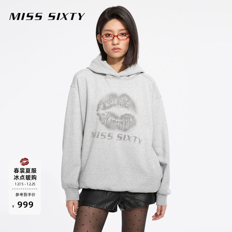 Miss Sixty25春秋款连帽卫衣唇印磨破格雷系花灰色休闲
