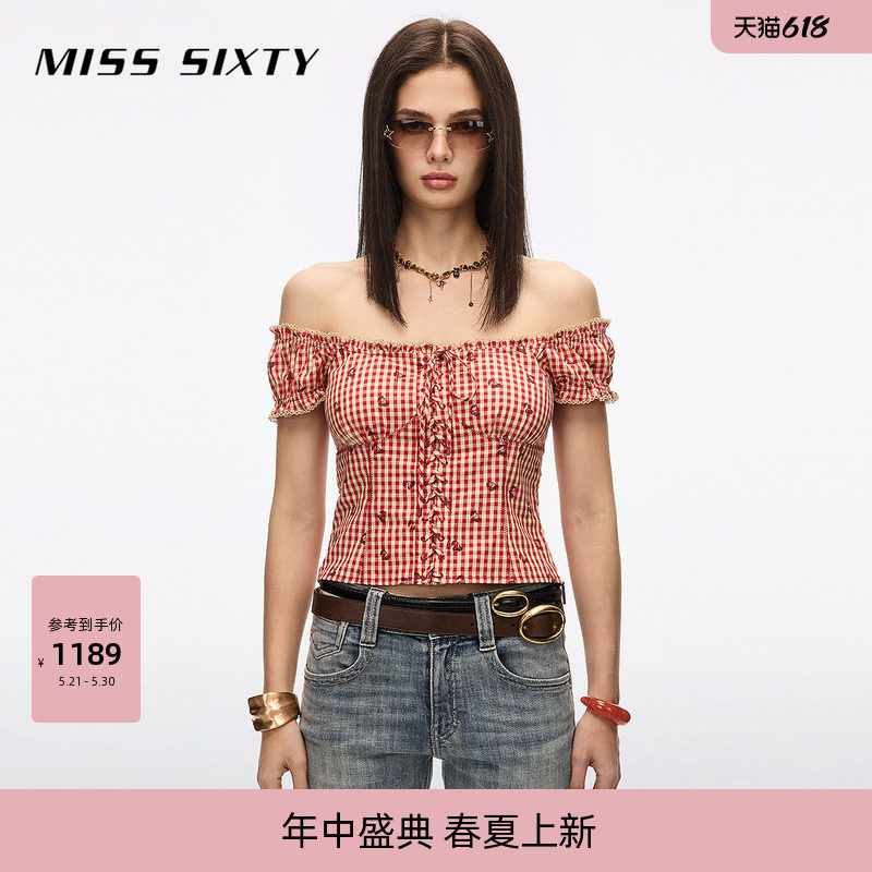 【浪姐同款】Miss Sixty26夏新款衬衫女方领复古格子修身
