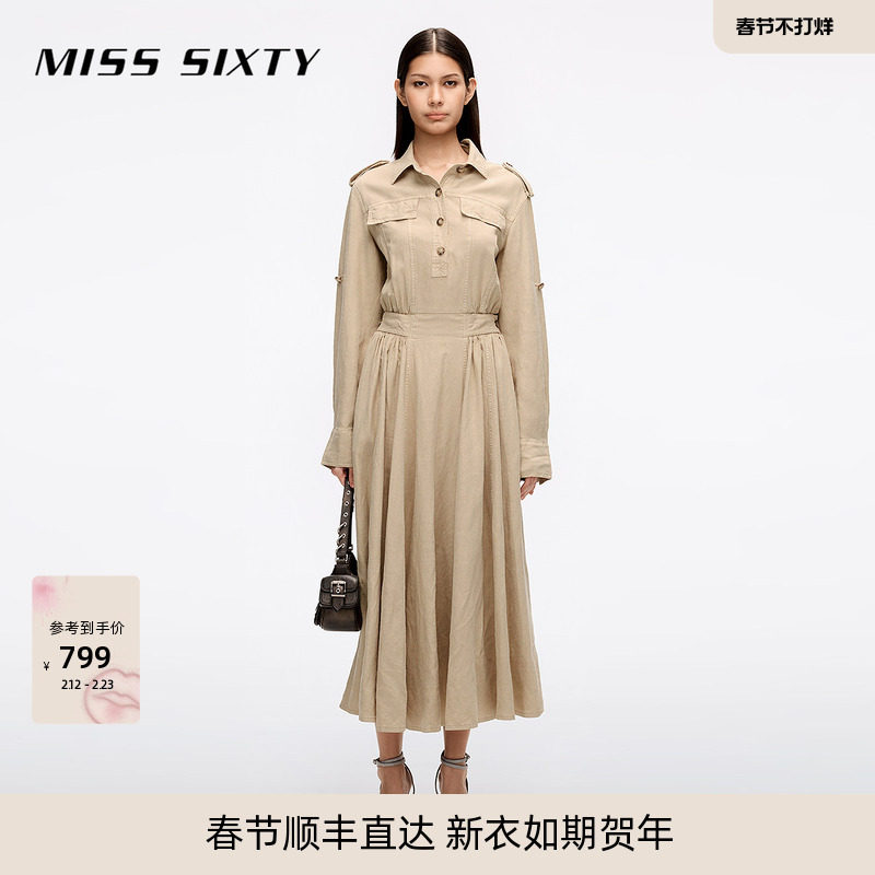 Miss Sixty25春秋新款长袖牛仔连身连衣裙衬衫领优雅含莱赛尔汉麻