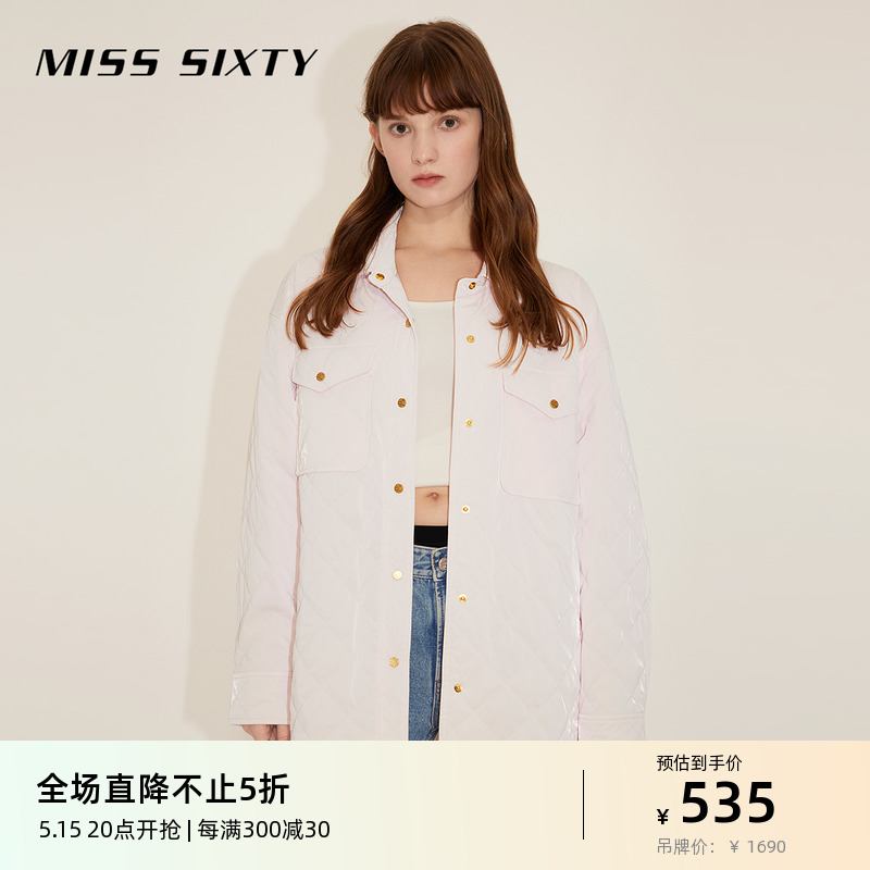 Miss Sixty棉服外套女浅粉色菱格宽松中长款时尚夹棉衬衫式