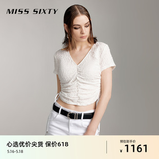 新款 短袖 Sixty2024夏季 Miss T恤女V领褶皱抽绳显瘦百搭休闲辣妹风