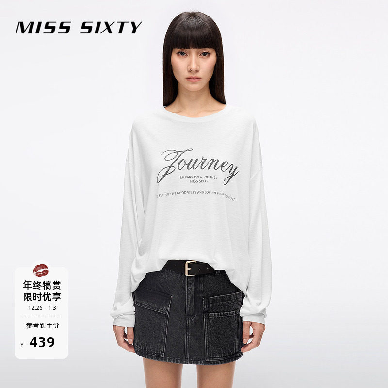 Miss Sixty2025夏季新款长袖T恤女圆领撞色复古印花宽