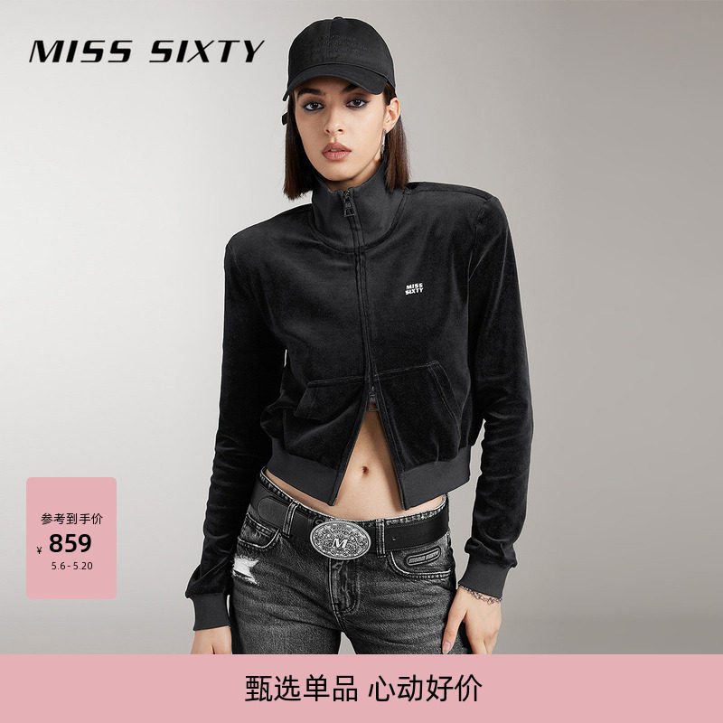 Miss Sixty丝绒休闲外套女翻领短款复古运动风百搭长袖双向