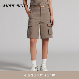 Sixty2024夏季 新款 短裤 Miss 女卡其色复古工装 风高腰直筒五分裤