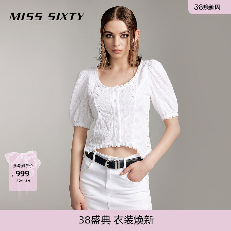 Miss Sixty五分袖衬衫白色上衣镂空刺绣花边清新休闲百搭短款上衣