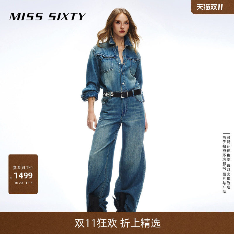 Miss Sixty2026秋季新款牛仔连体裤女附腰带复古做旧工