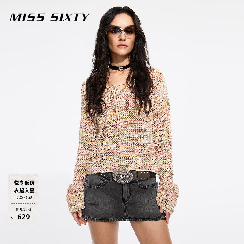 Miss Sixty2026春季长袖针织衫V领系带段染花式纱短款