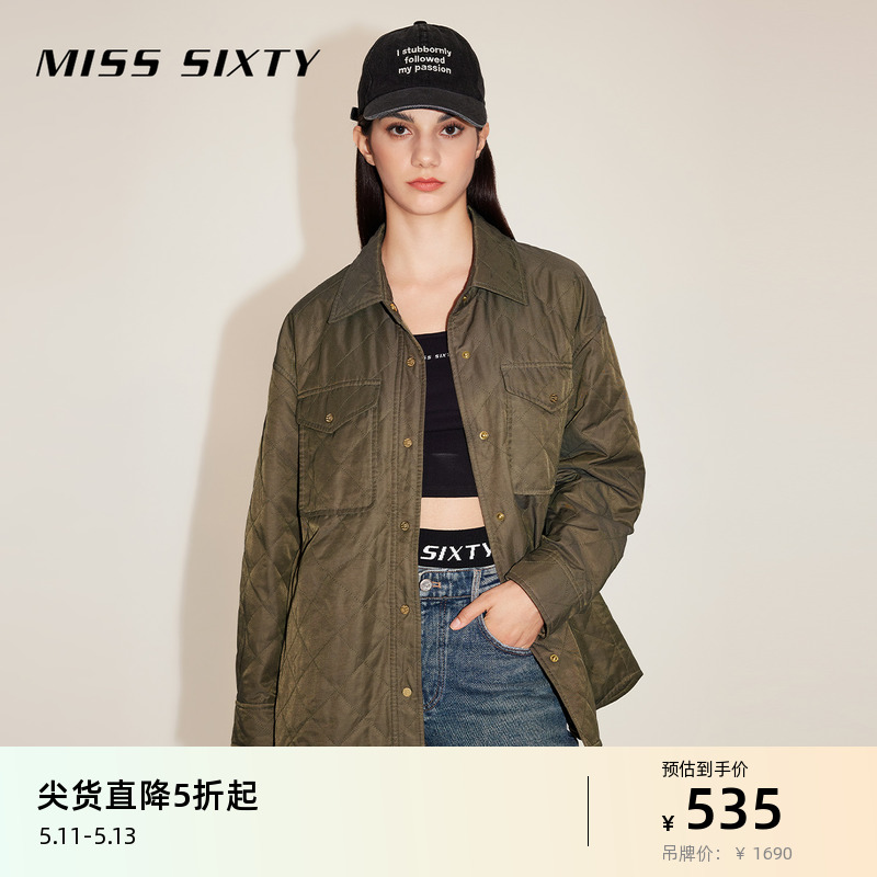 Miss Sixty棉服外套女菱格宽松中长款时尚夹棉衬衫式工装风