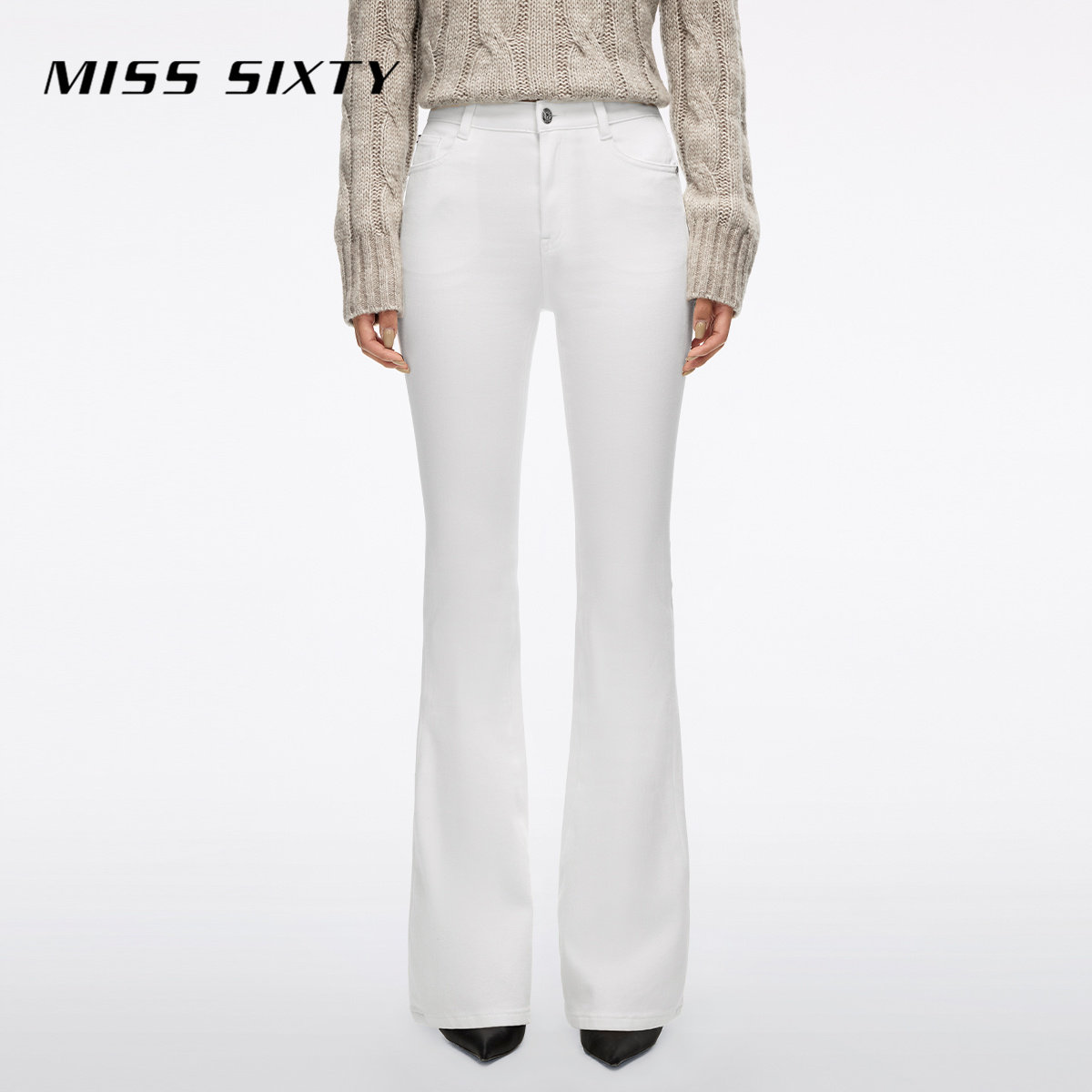 清爽白色调 含醋酸牛仔料 复古微喇叭