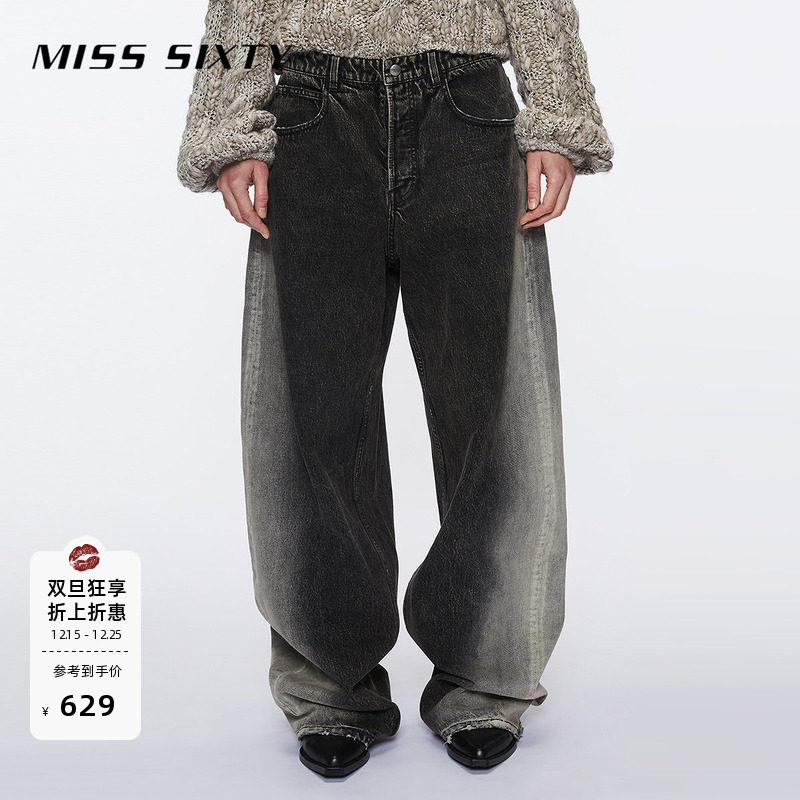 Miss Sixty牛仔裤低腰磨破阔腿裤渐变做旧复古洗水