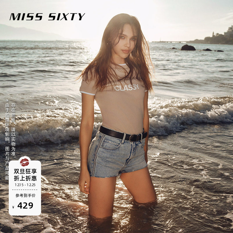 Miss Sixty牛仔短裤复古显瘦百搭女毛边撞色织带拼接性感高