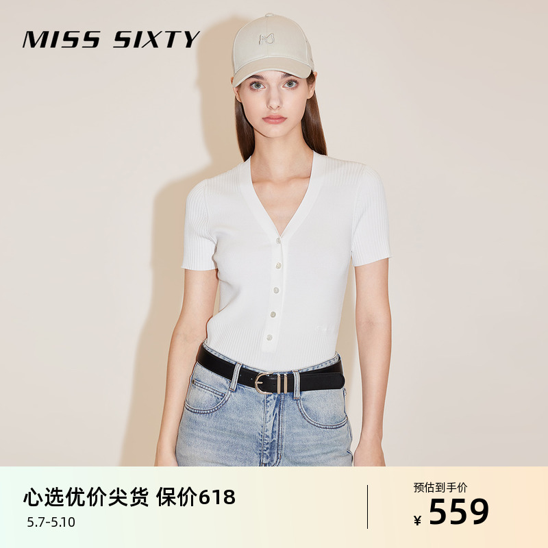 Miss Sixty2024春季新款针织衫女V领性感修身显瘦气质短袖上衣